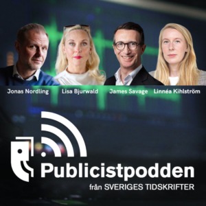 Publicistpodden omslag med Jonas Nordling, Lisa Bjurwald, James Savage och Linnéa Kihlström.