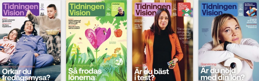 De fyra senaste utgåvorna av pappersmagasinet Tidningen Vision. 